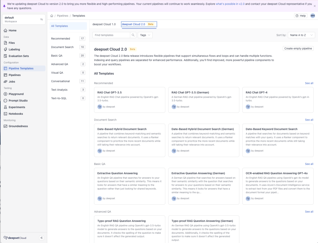 deepset pipeline templates screenshot